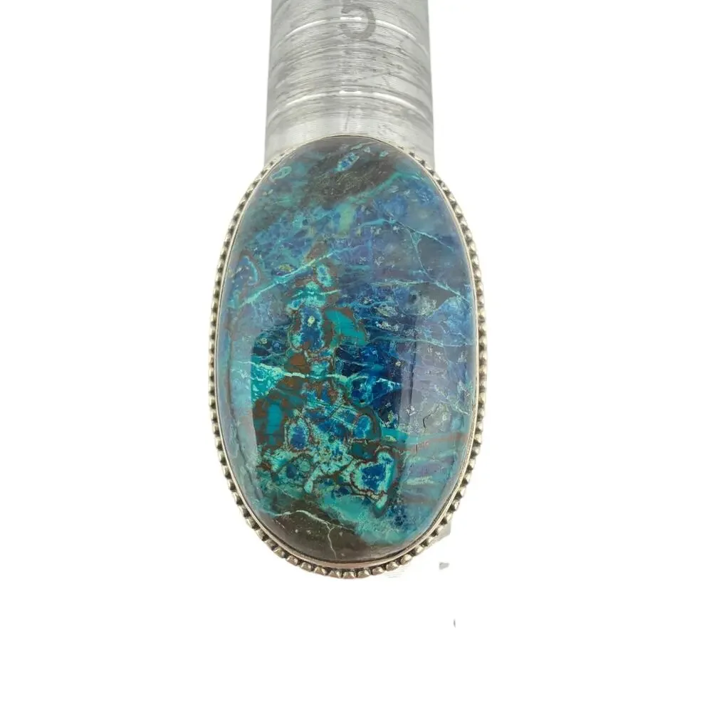 Large Oval Chrysocolla Twisted Rope Border 925 Sterling Silver Ring Size 7.5
